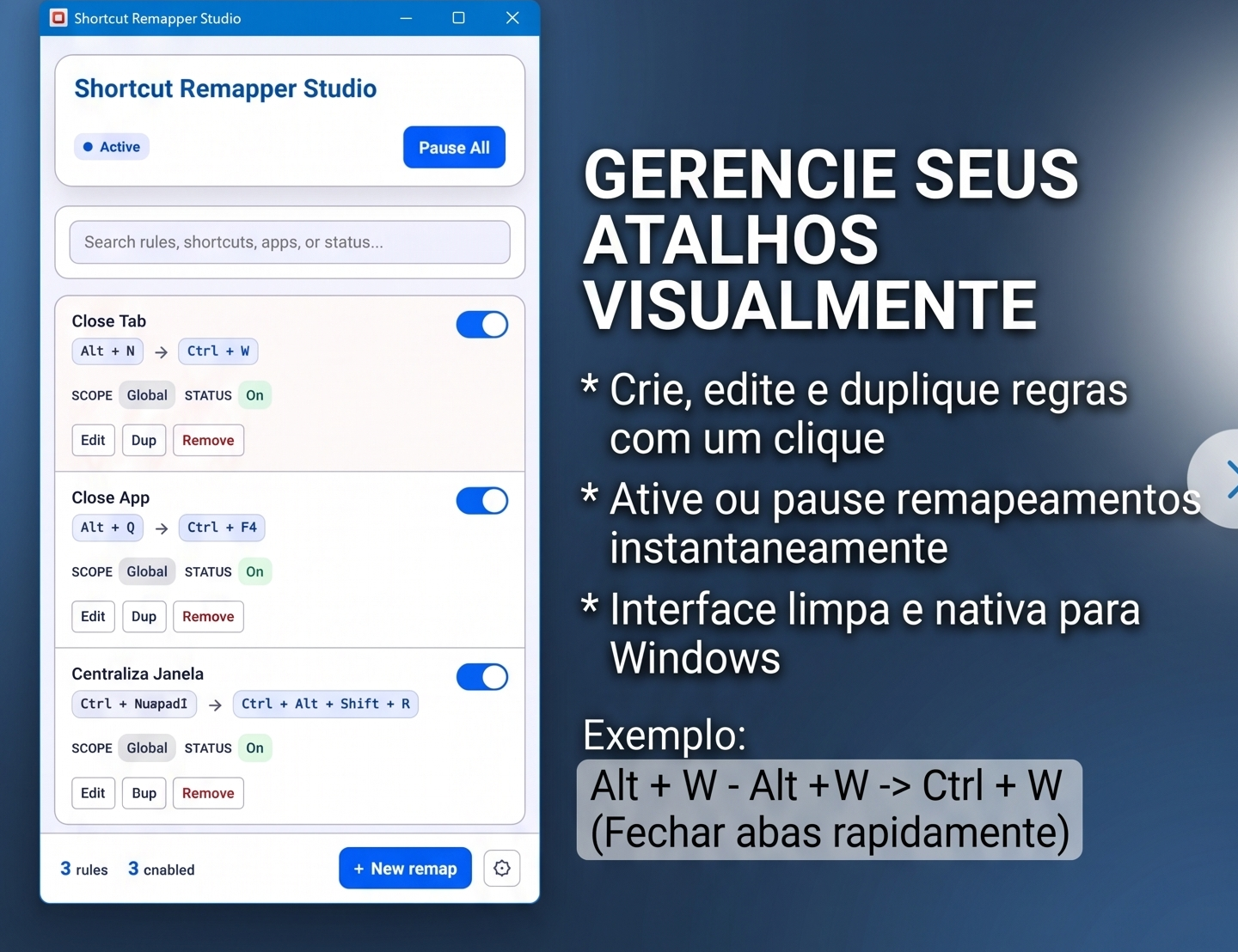 Tela principal do Shortcut Remapper Studio com três regras de atalhos
